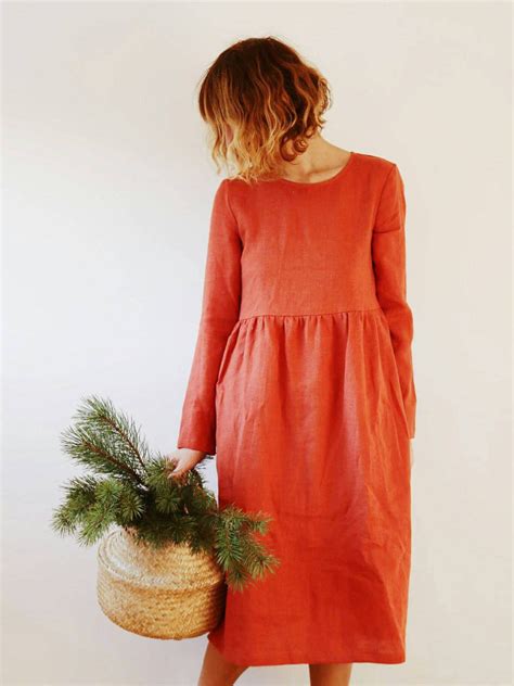 Burnt Orange Linen Dress Long Sleeved Dress Loose Fit