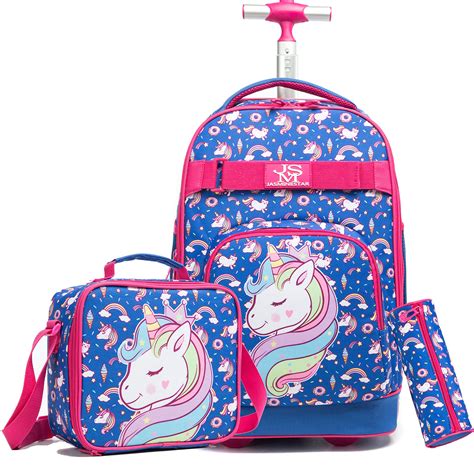 Girls Rolling Backpack Kids Backpack with Lunch Box Wheels Backpacks ...