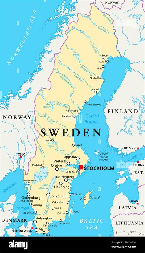 Sweden Political Map with capital Stockholm, national borders ...