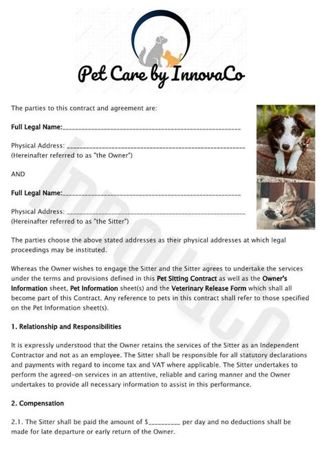 Pet Care Agreement Pet Sitting Contract Pet Care Contract - Etsy Canada