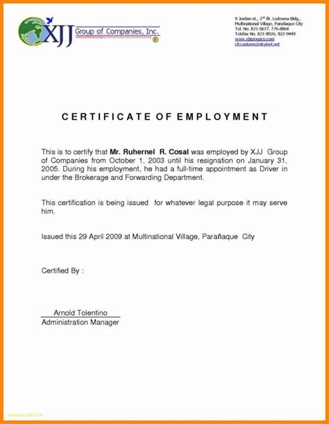 Sample Certificate Of Employment For Private Caregiver with regard to Template Of Certifi ...