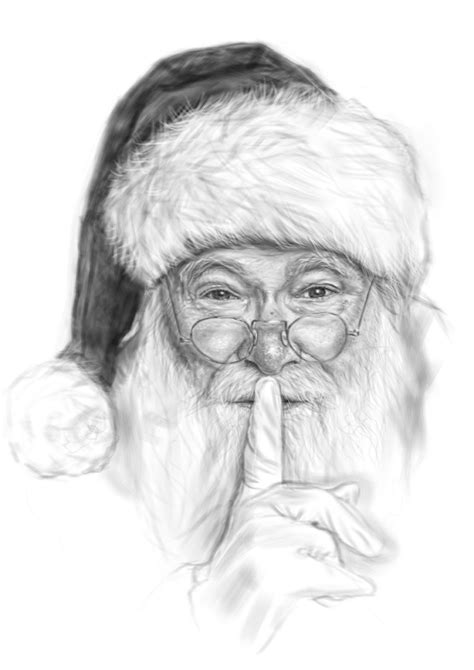 a pencil drawing of santa claus with glasses and a beard holding his ...