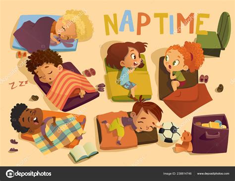 Kindergarten NAP Time Kid Vector Illustration (en inglés). Niños preescolares multiraciales ...