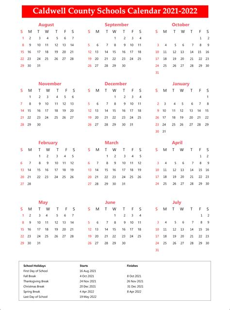 Caldwell County Schools Calendar Holidays 2021-2022