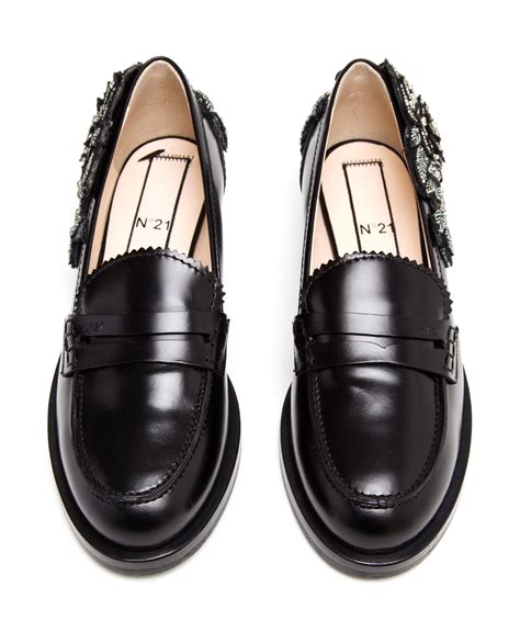 N°21 Embellished Leather Penny Loafers in Black - Lyst