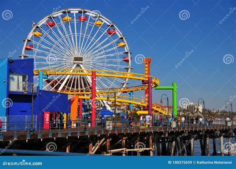 Santa Monica Pier - Pacific Park Ferris Wheel Editorial Stock Image - Image of waves, view ...