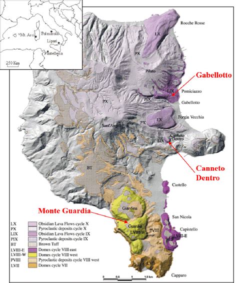 Geological map of Lipari draped on a DEM shaded relief image (modified... | Download Scientific ...