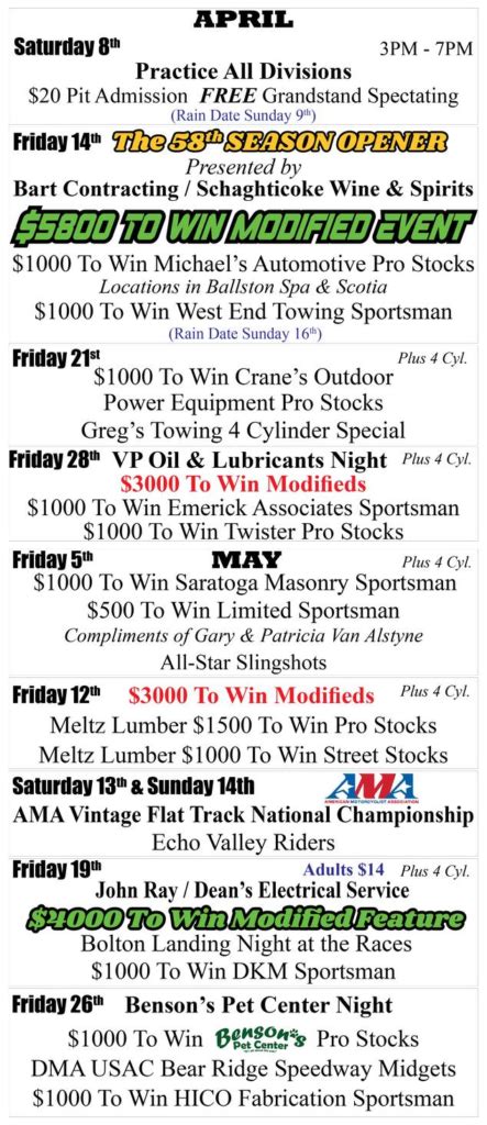 Albany-Saratoga Speedway Releases Schedule Of Events For 2023 Racing ...