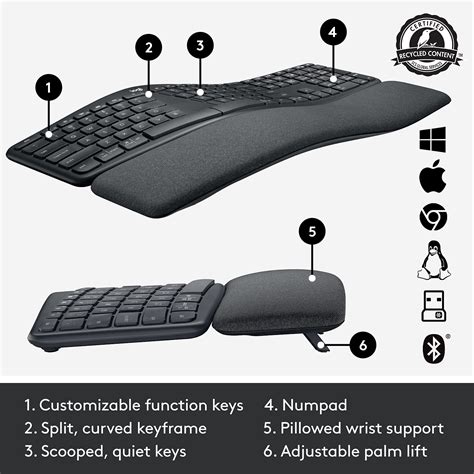 Logitech ERGO K860 Wireless Ergonomic Keyboard - Split Keyboard, Wrist Rest, Natural Typing ...
