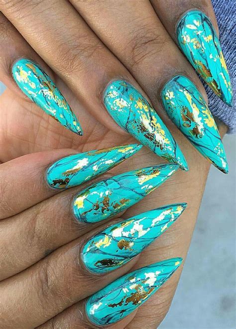 Turquoise green stiletto nails with gold Nail Art Designs, Marble Nail Designs, Marble Nail Art ...