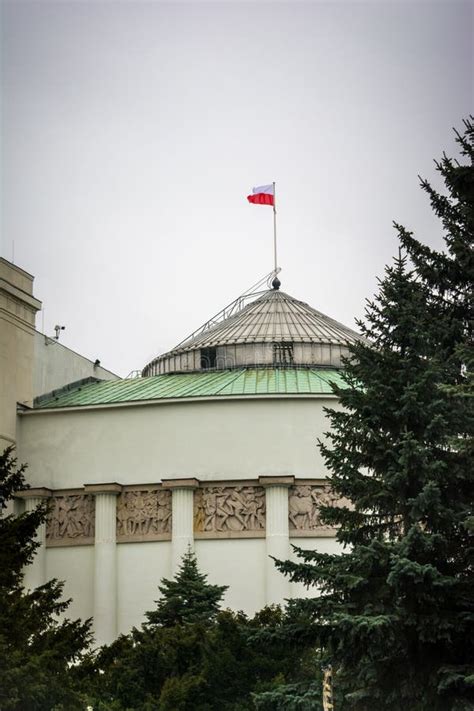 Polish Parliament Building with Trees and Polish Flag Stock Image ...