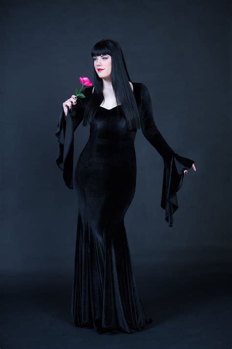 Morticia Addams Cosplay Black Velvet Dress Sexy Witch Costume Witchy ...