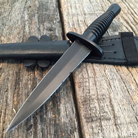 BRITISH Commando Dagger Black Tactical Hunting Knife W/ Leather Sheath 202047-BK | eBay