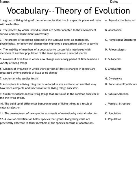 Vocabulary--Theory of Evolution Worksheet - WordMint