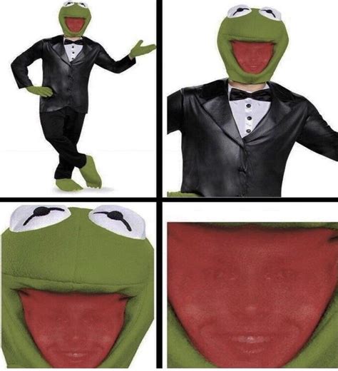 four pictures of kermie the frog wearing a tuxedo