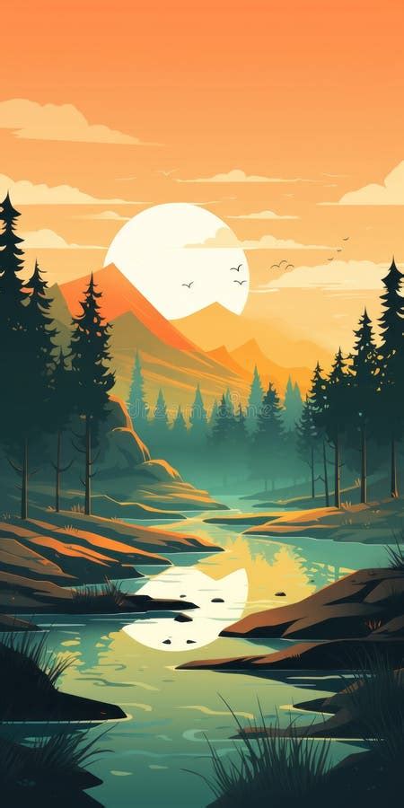 Vintage Poster Style Landscape with Trees and River Stock Illustration ...