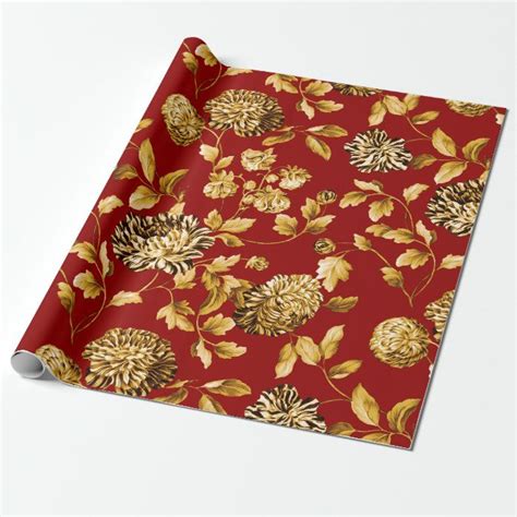 Gold Red Modern Vintage Floral Toile Wrapping Paper | Zazzle | Floral toile, Paper floral ...