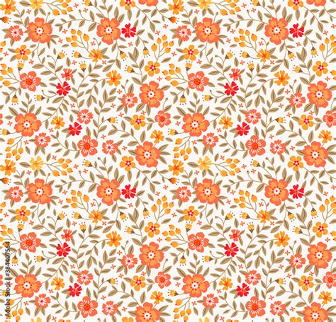 Seamless floral pattern for design. Small orange flowers. White background. Modern floral ...