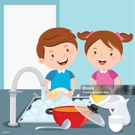 Kids Washing Dishes Stock Illustration - Download Image Now - Washing ...