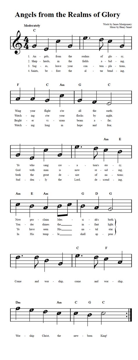 Angels from the Realms of Glory: Beginner Sheet Music with Chords and Lyrics