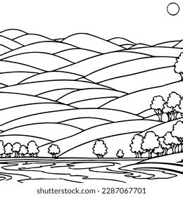 Landscape Hills Trees Coloring Page Landscape Stock Vector (Royalty ...