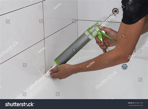 Plumber Apply Silicone Sealant Joint Bathtubs Stock Photo 455051158 | Shutterstock