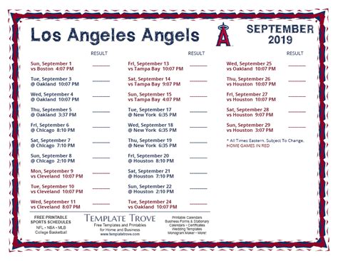 Printable 2019 Los Angeles Angels Schedule