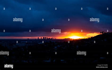 Hollywood, California skyline as viewed from Hollywood Hills. Sunset ...