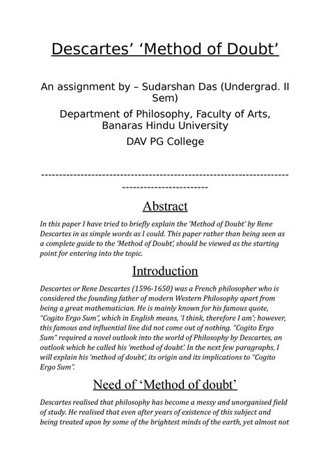 Descartes Method of Doubt An Explanation - Descartes’ ‘Method of Doubt’ An assignment by ...