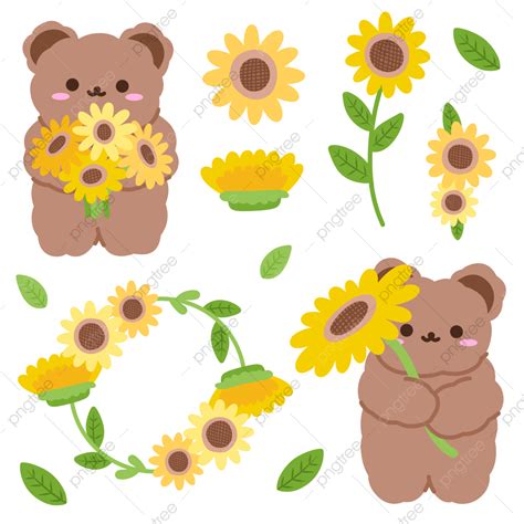 Hand Draw Sunflowers And Bear Cute Korean Sticker, Sunflower, Bear ...