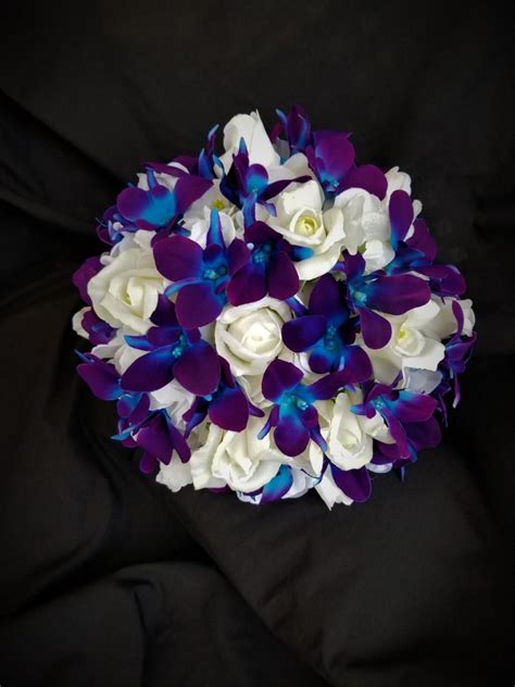 Purple Blue Galaxy Orchid, Hydrangea, Real Touch Rose Bridal Bouquet, Artificial Flower Bouquet ...