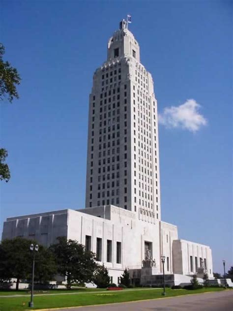 Photographs of the Louisiana State Capitol Building and landscaped grounds in Baton Rouge