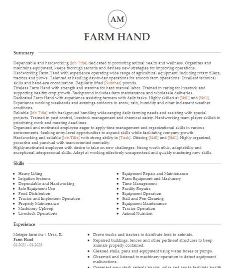 Farm Hand Resume Example