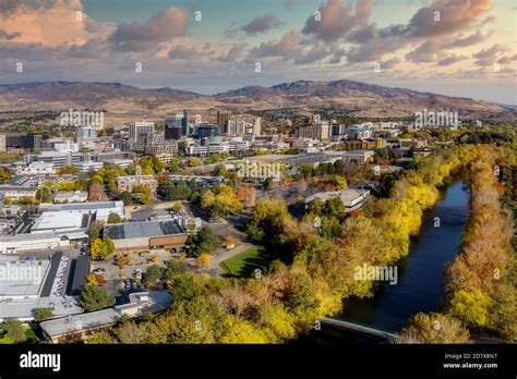 Fall in the city of trees with Boise River and downtown buildings Stock ...