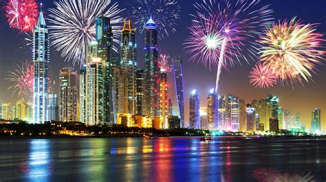 UAE, Dubai, beautiful night, waterfront, skyscrapers, lights, fireworks ...