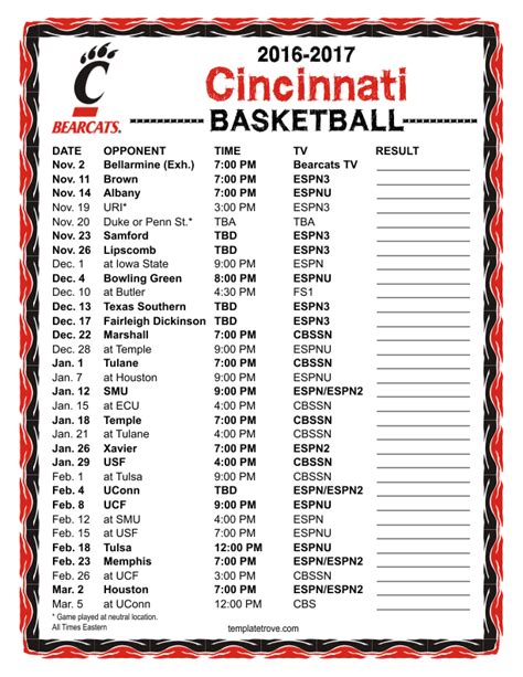 Printable 2016-2017 Cincinnati Bearcats Basketball Schedule