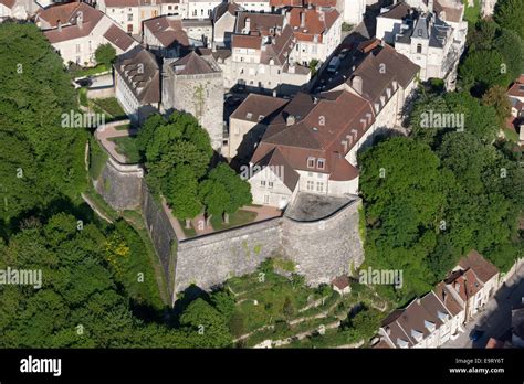 AERIAL VIEW. Square donjon and ramparts of Chaumont. Haute-Marne ...