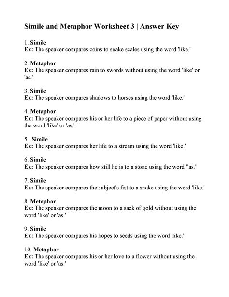 Simile and Metaphor Worksheet 3 | Answers