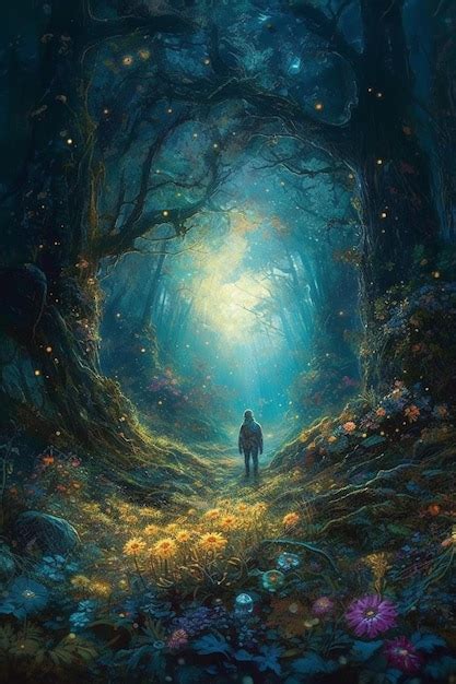 Premium AI Image | A painting of a man walking through a forest with a glowing light in the middle.