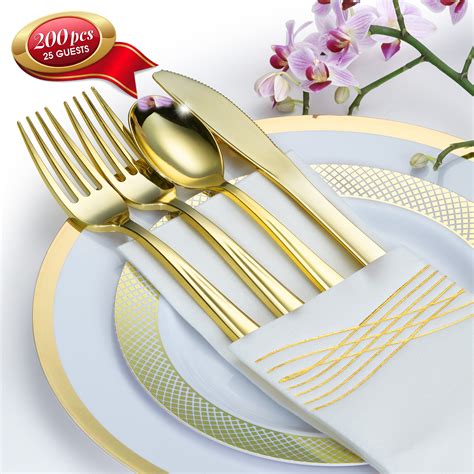 By Madee: (NEW) Premium 200 Pc Gold Plastic Dinnerware Set - Elegant Disposable Plates Party ...