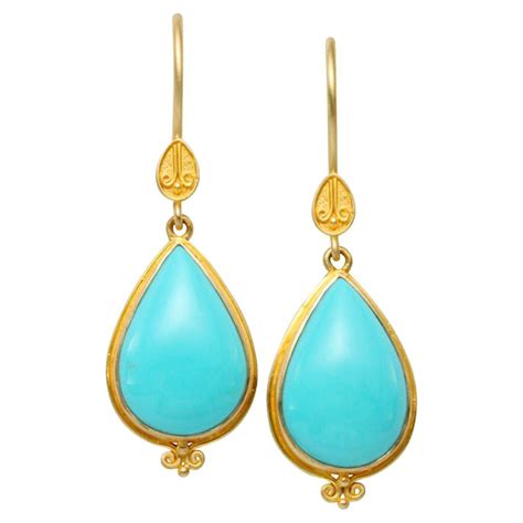 Georgian Turquoise Set Gold Drop Earrings at 1stDibs