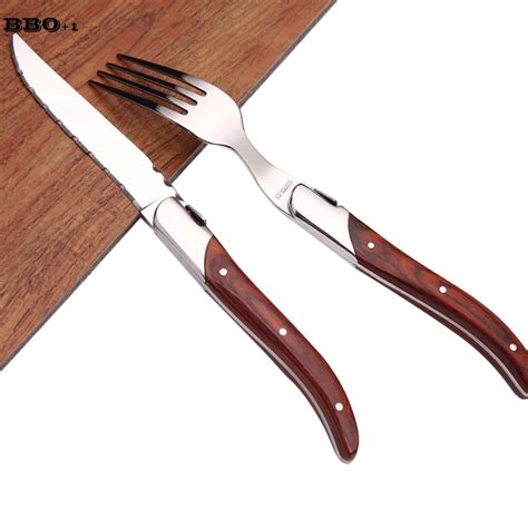 3pcs Stainless Steel Laguiole Steak Knife Steak Fork Set Red Wood ...