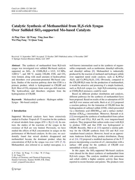 Catalytic Synthesis of Methanethiol from H2S-Rich Syngas Over Sulﬁded ...