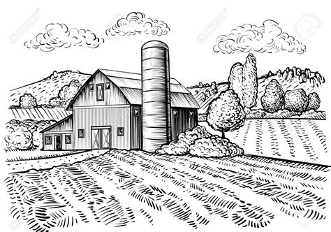 Rural landscape, farm barn and windmill sketch. Hand draw illustration of countryside natural ...