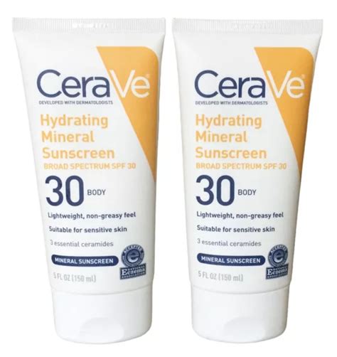 2PK CERAVE HYDRATING Mineral Sunscreen Body Lotion SPF 30 5oz LIghtweight(6K) $18.99 - PicClick