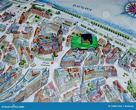 Car on the City Map of Riga. Old Town. Travel Planning Map. Tourist ...