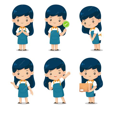 Premium Vector | Set of cute shop assistante character mascot in apron ...