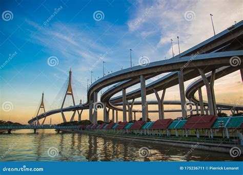 Bhumibol Bridge Views at Sunset in Bangkok Thailand Stock Image - Image ...