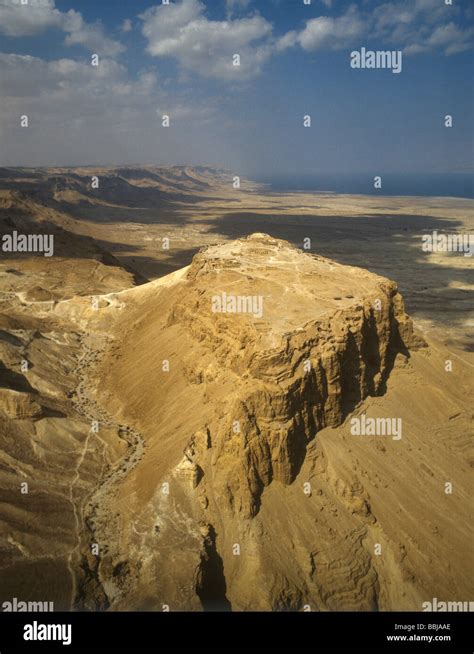 Aerial view of Masada from the south and the Dead Sea beyond Israel ...