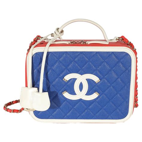 Chanel Red White Blue Quilted Caviar Large Filigree Vanity Case For Sale at 1stDibs